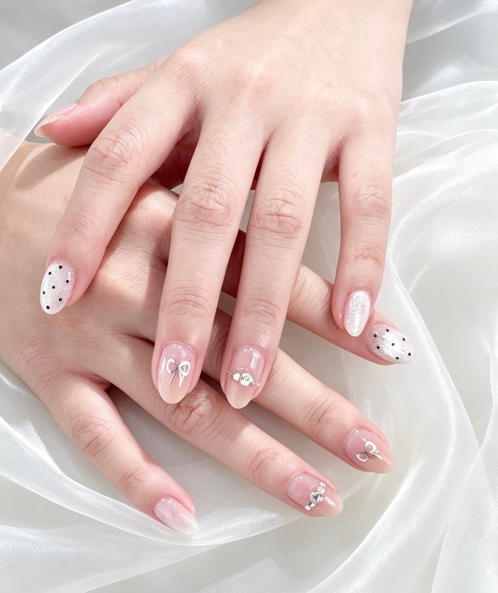 Soft Pink Preppy Nails with Bows and Polka Dots