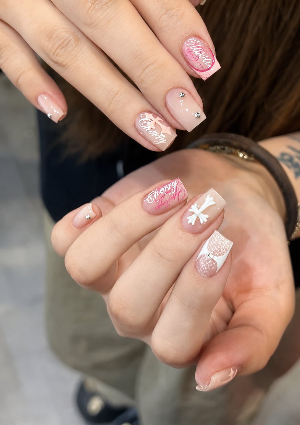 Soft Pink Script and Lace Y2K Nails