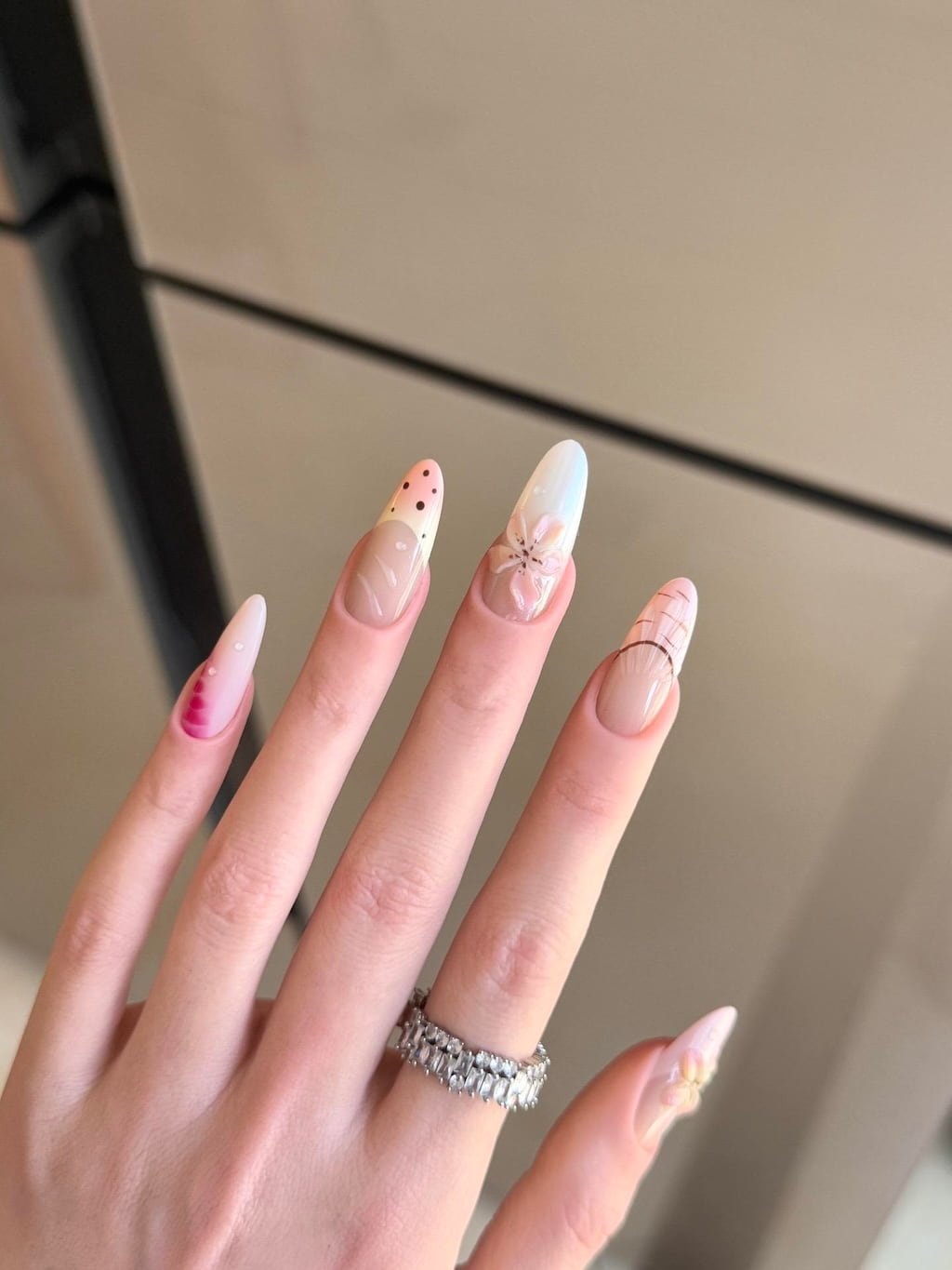 Soft Pink Summer Nail Art with 3D Flowers and Abstract Tips