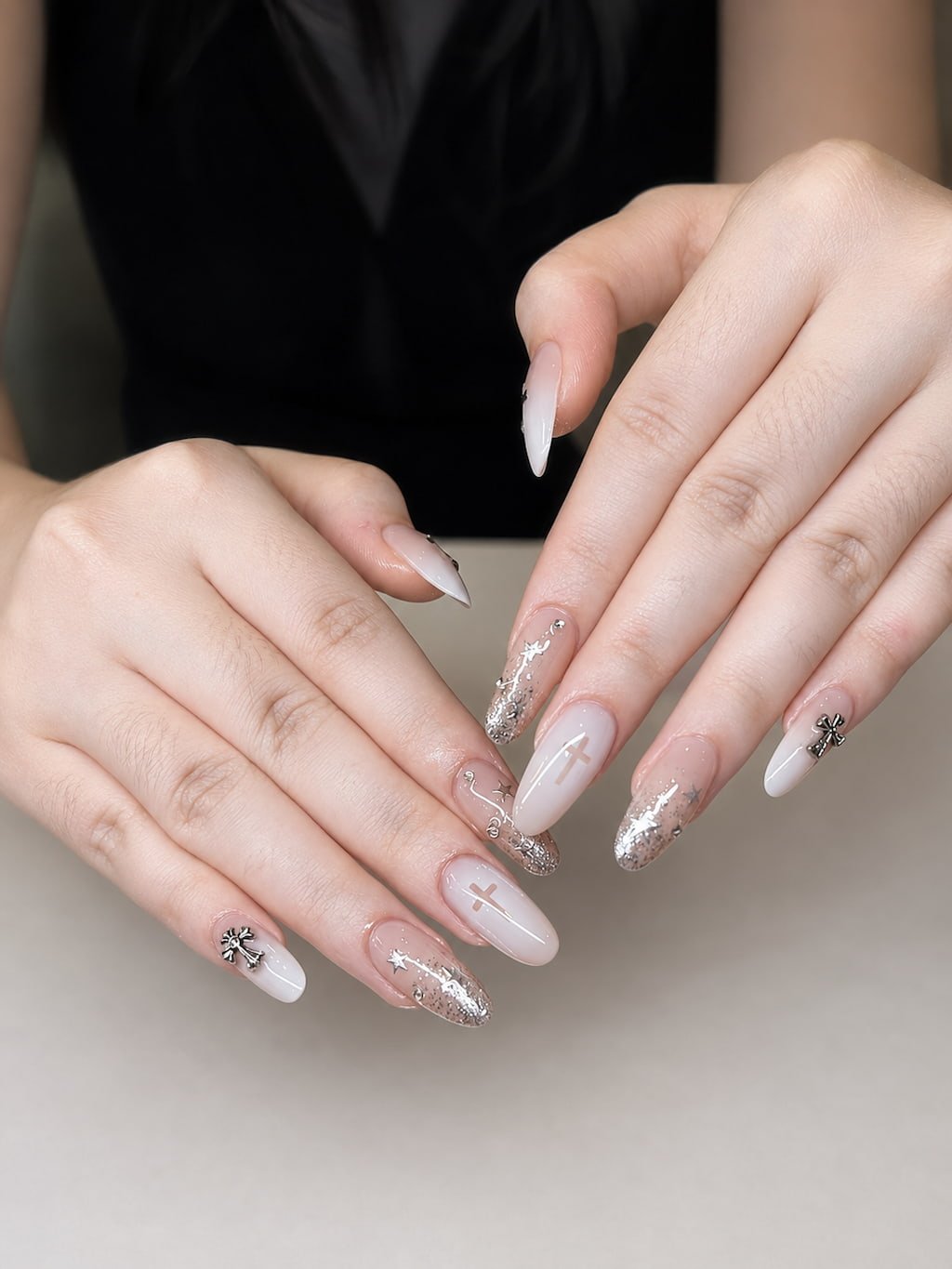 Soft White and Silver Chrome Summer Nail Design