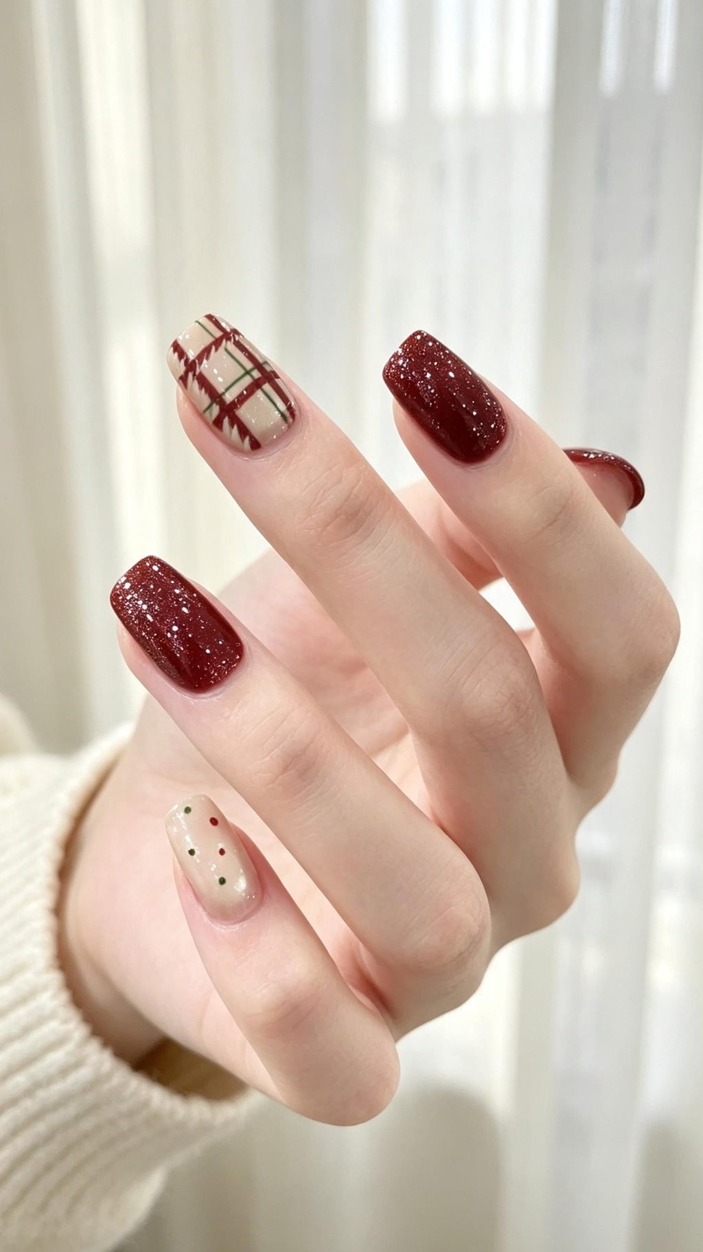Sparkly Burgundy Plaid Fall Nail Design for a Cozy Look