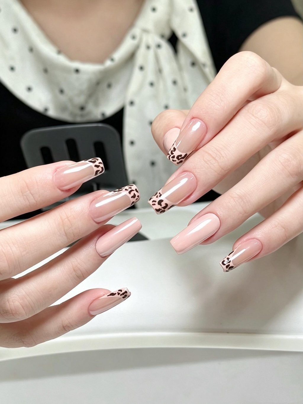 Square French Nails with Leopard Print Tips