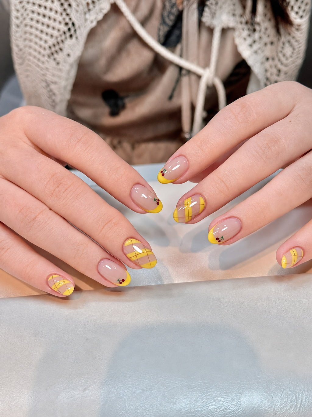 Sunny Cherry French Tips with Plaid Details August Nails