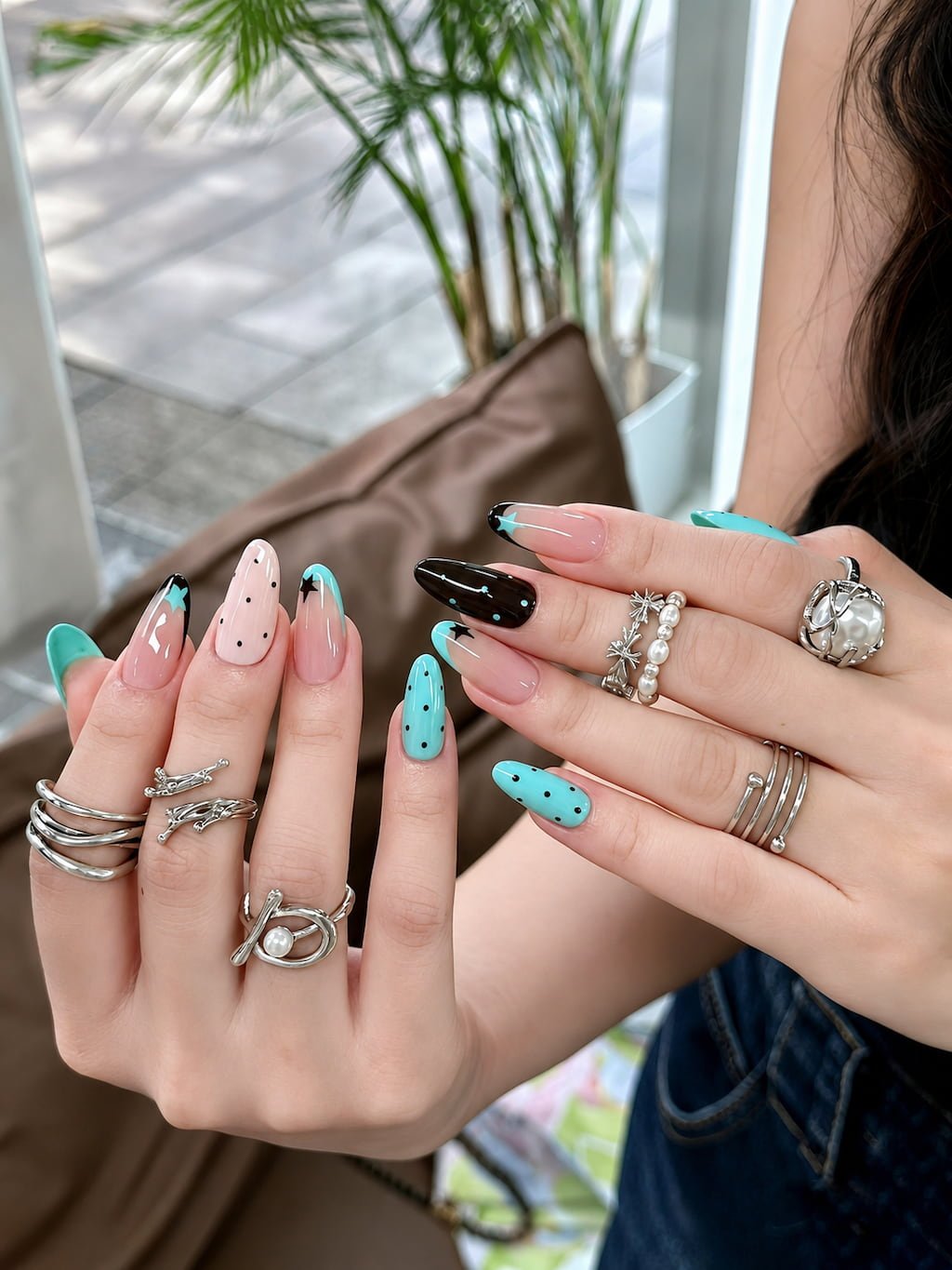 Teal and Black Star Preppy Nails with Polka Dots