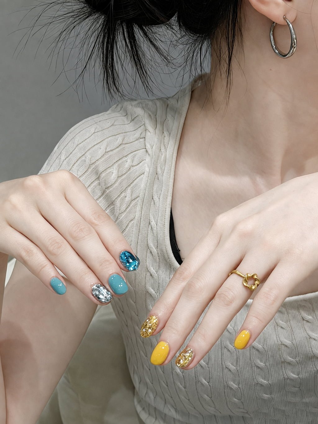 Teal and Yellow Summer Nail Design with Chrome Accents