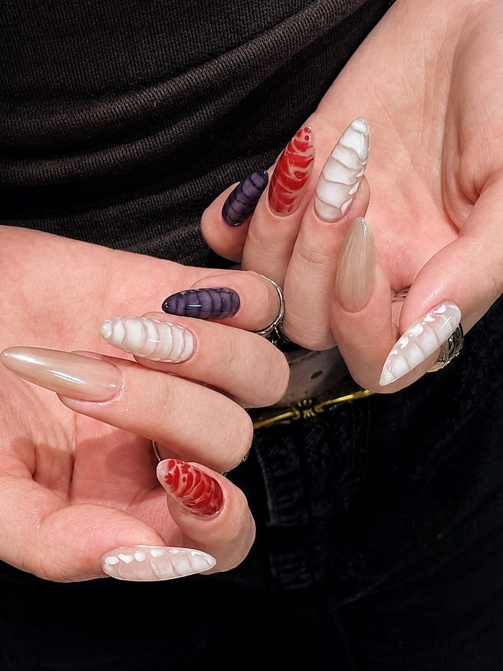 Textured Preppy Nails in Red, White, and Deep Purple