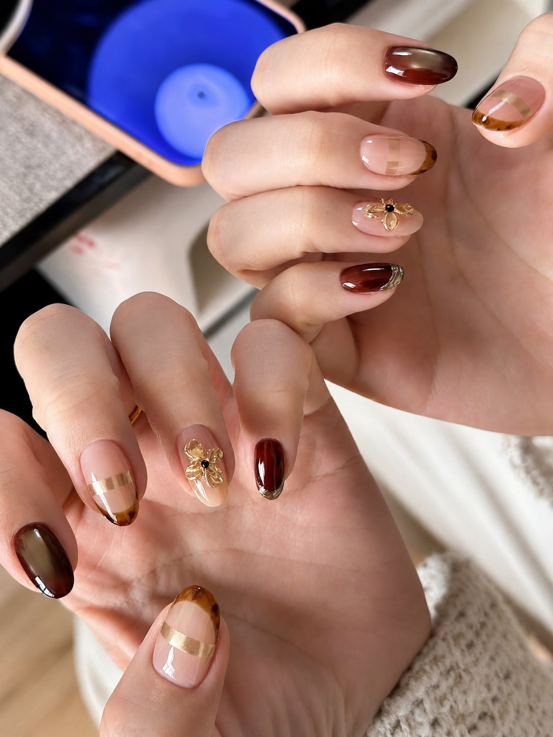 Tortoiseshell French Tip Fall Nail Design with 3D Gold Flowers