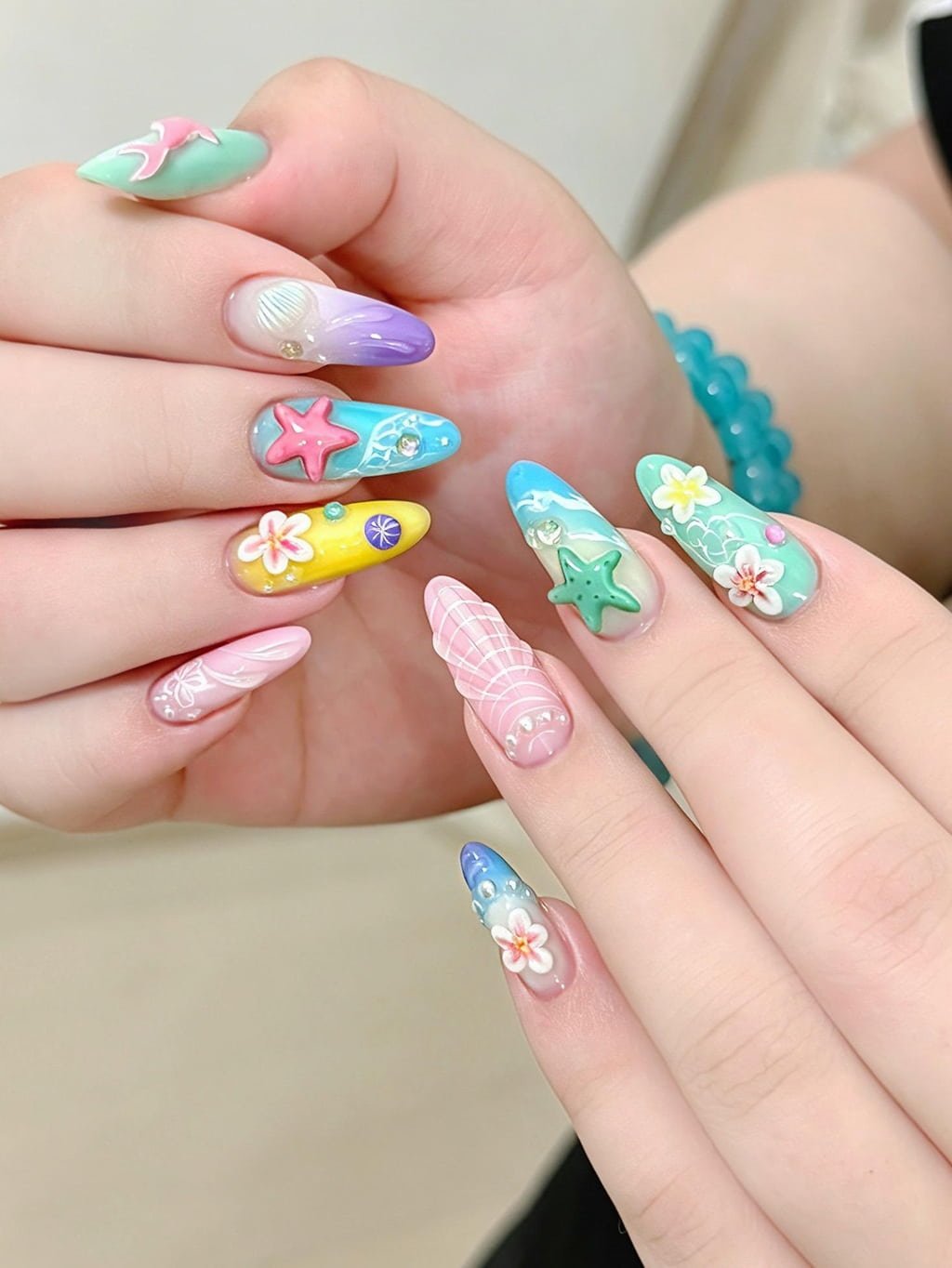 Turquoise Mermaid Charm Beachy Nail Design