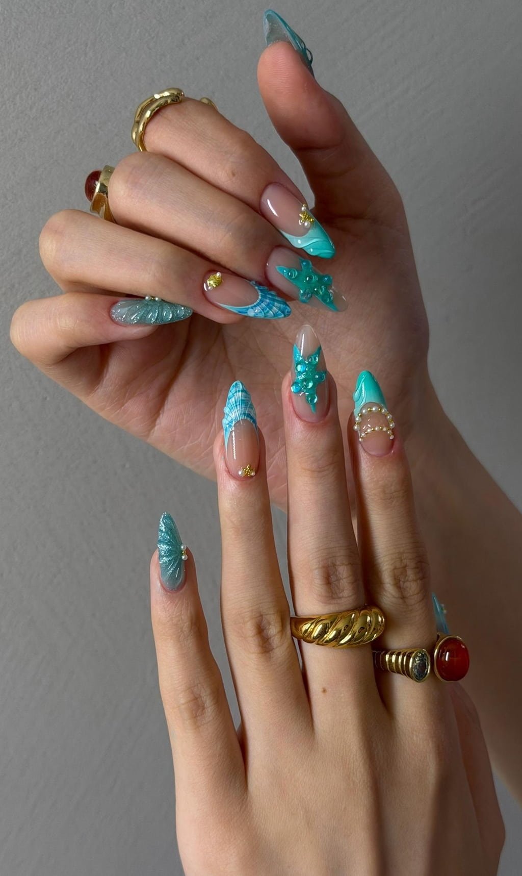 Turquoise Mermaid Charm Beachy Nail Design