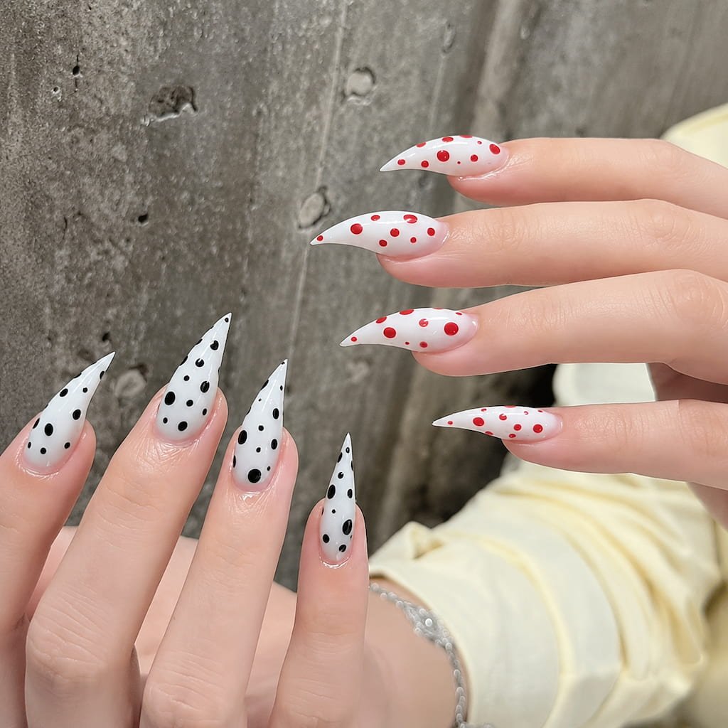 White Cat Claw Nails with Red and Black Polka Dots