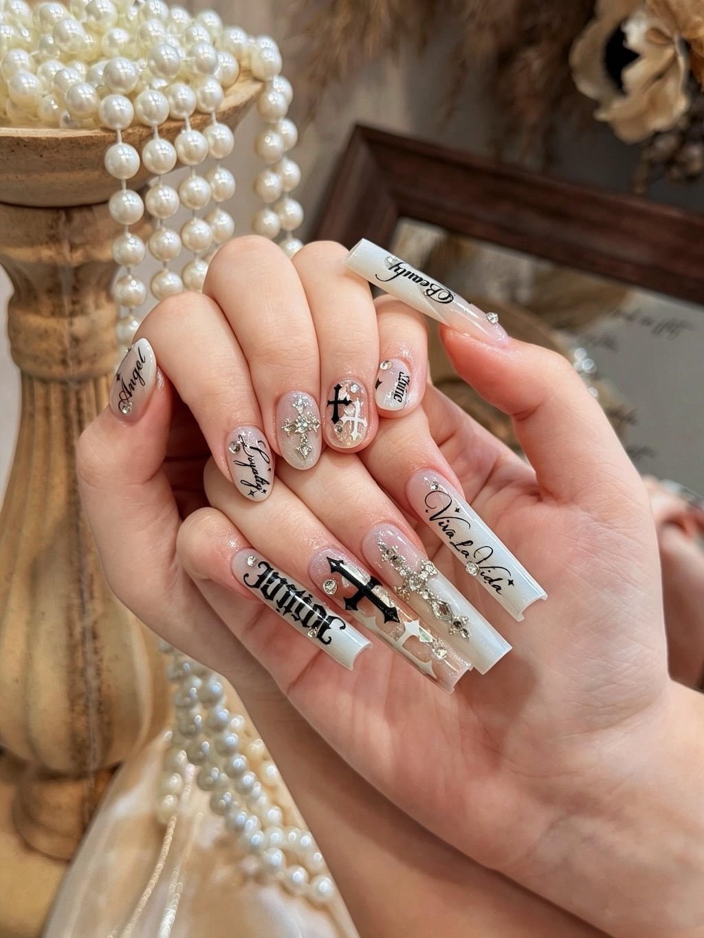 White Chrome Cross and Script Y2K Nails