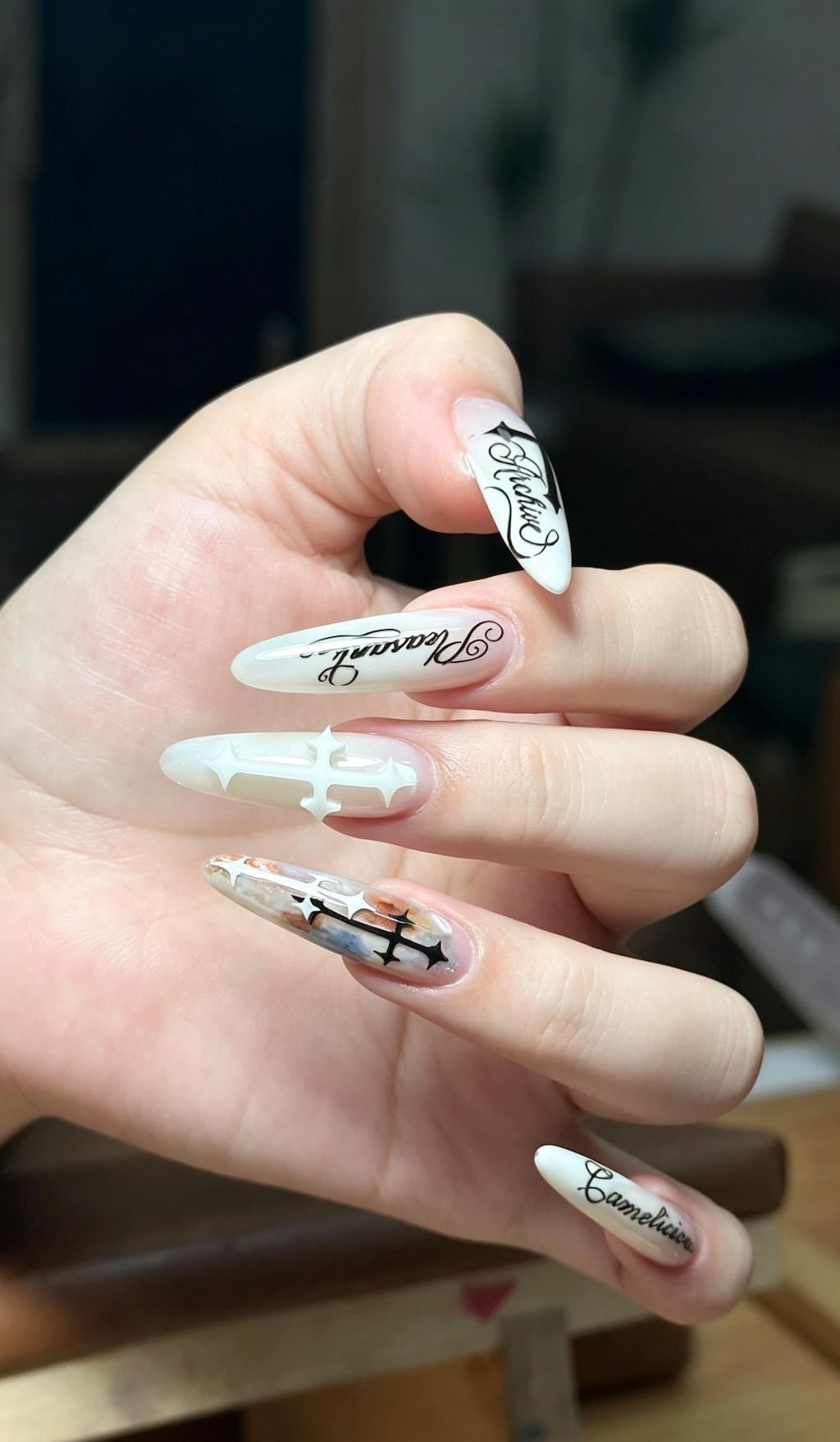 White Cross and Script Y2K Nails