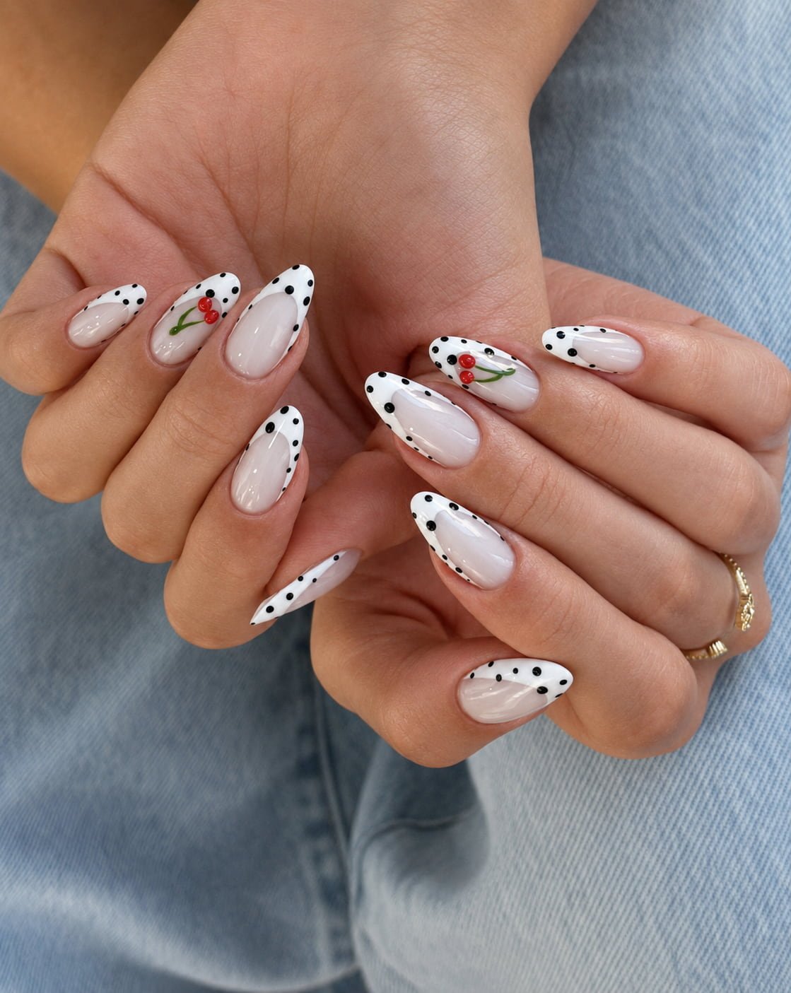 White French Nails with Black Polka Dots and Cherry Art