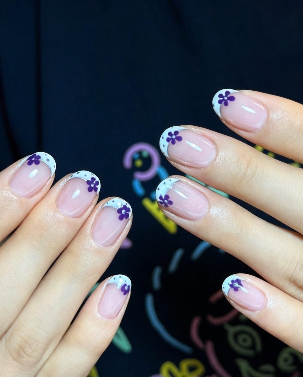 White French Nails with Purple Flower Details
