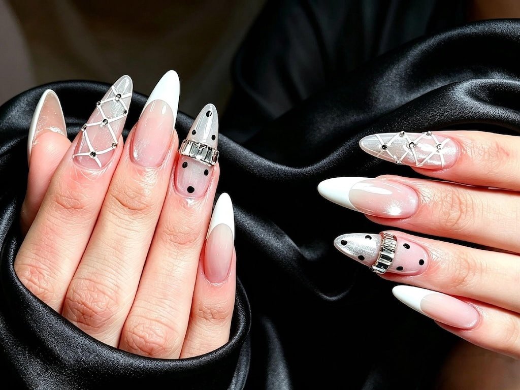 White French Nails with Silver Studs, Polka Dots, and Crisscross Art