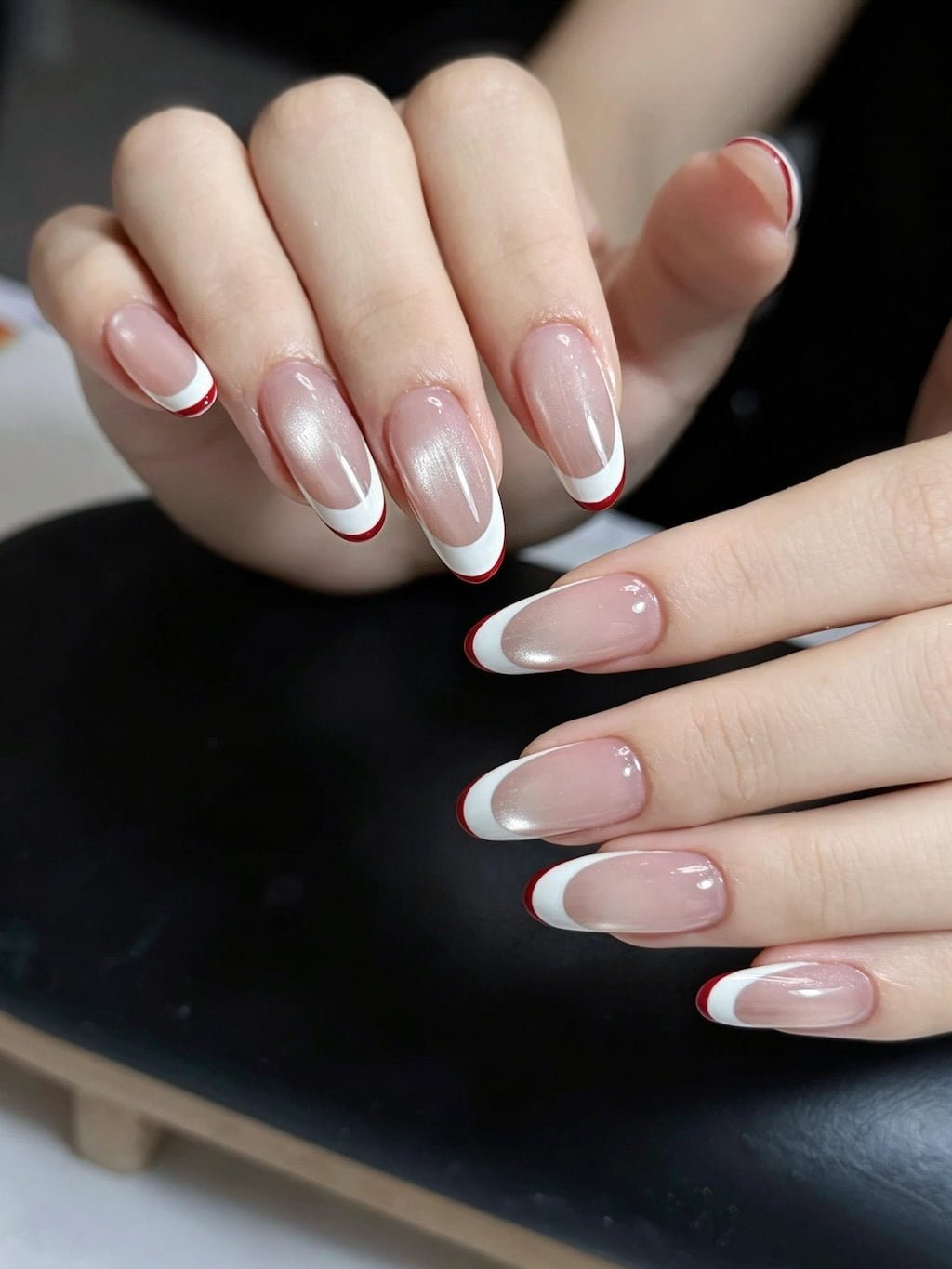 White French Nails with Thin Red Outline Tips