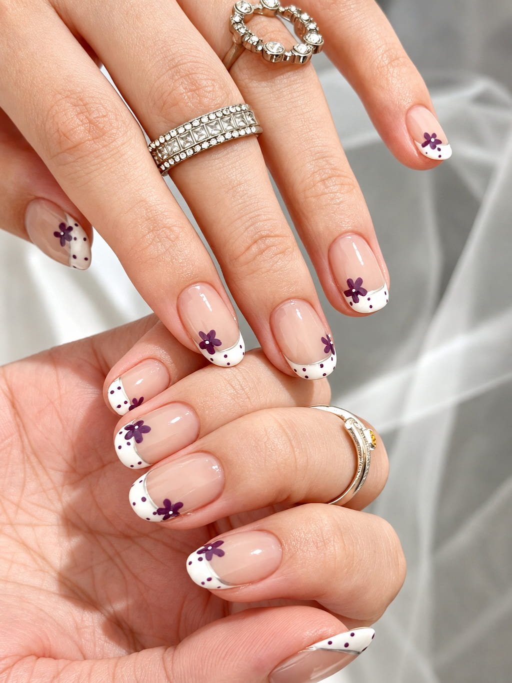 White French Tip Summer Nail Art with Purple Flowers