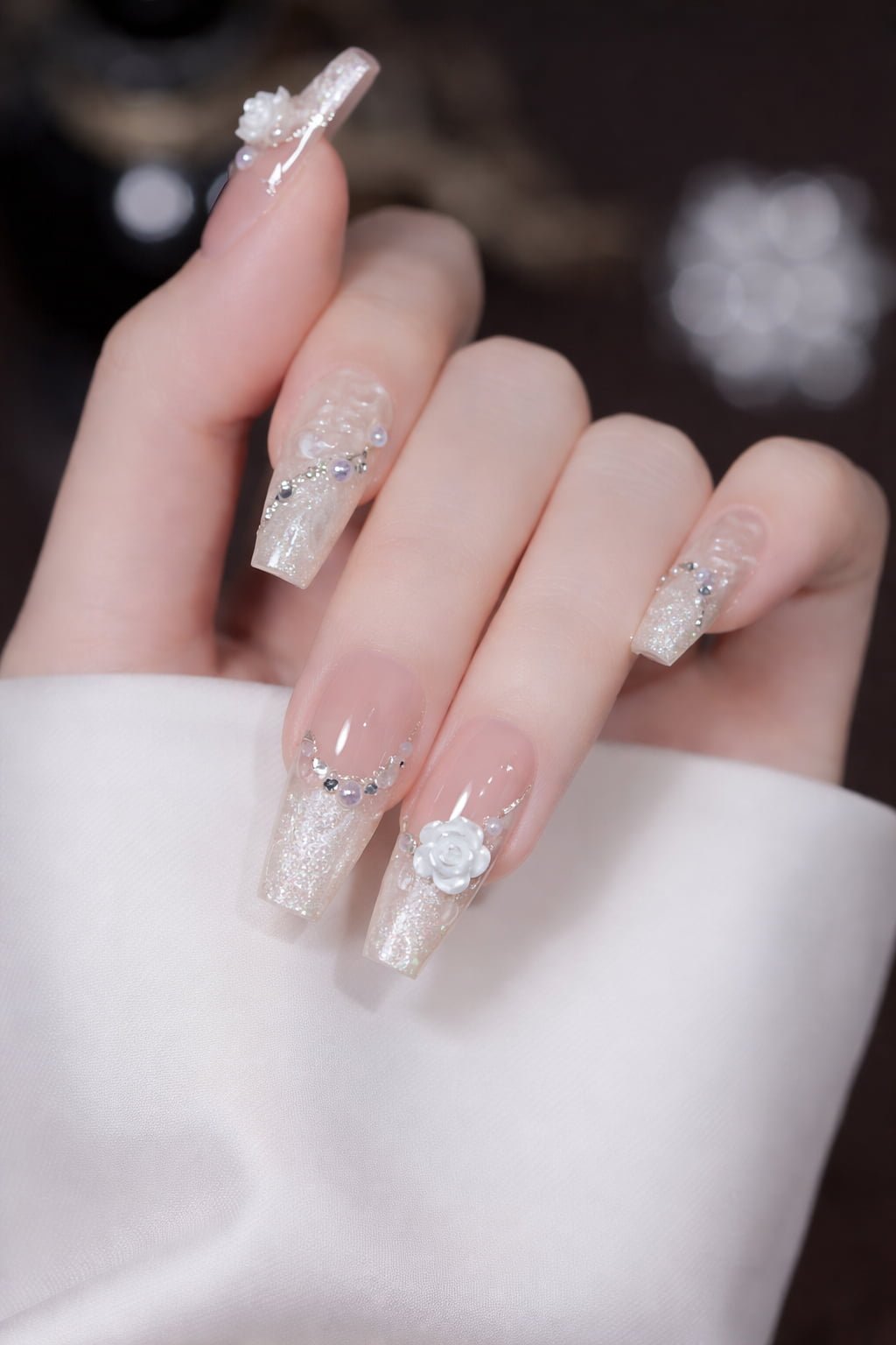 White Glitter Wedding Nails with 3D Roses and Rhinestones