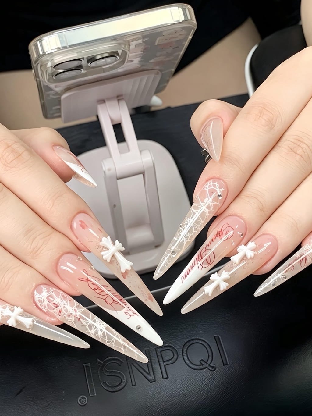 White Lace and Cross Charm Summer Nail Set