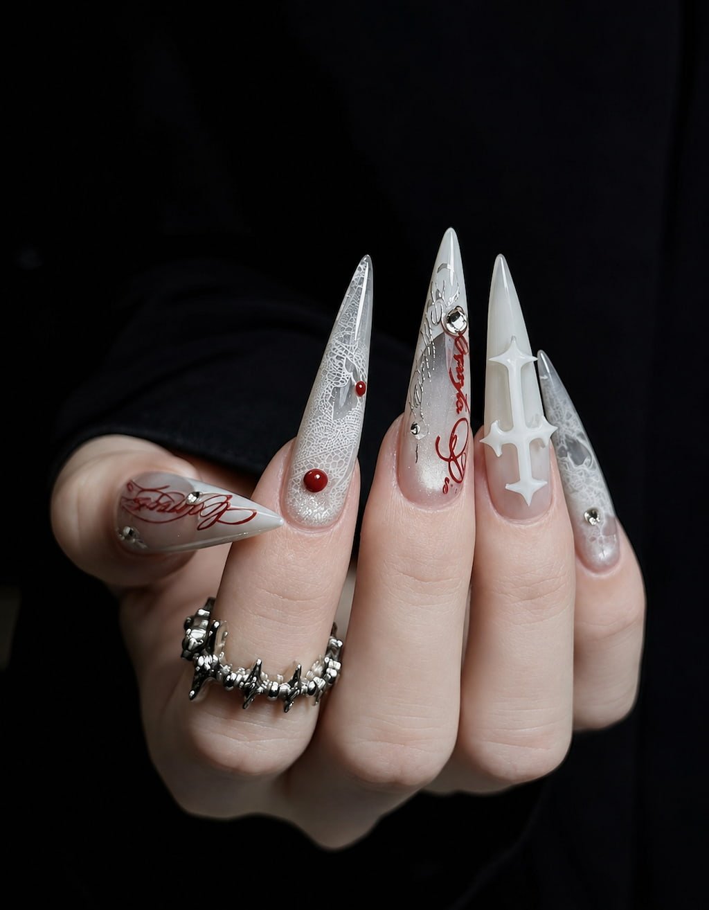 White Lace and Red Cross Stiletto Y2K Nails