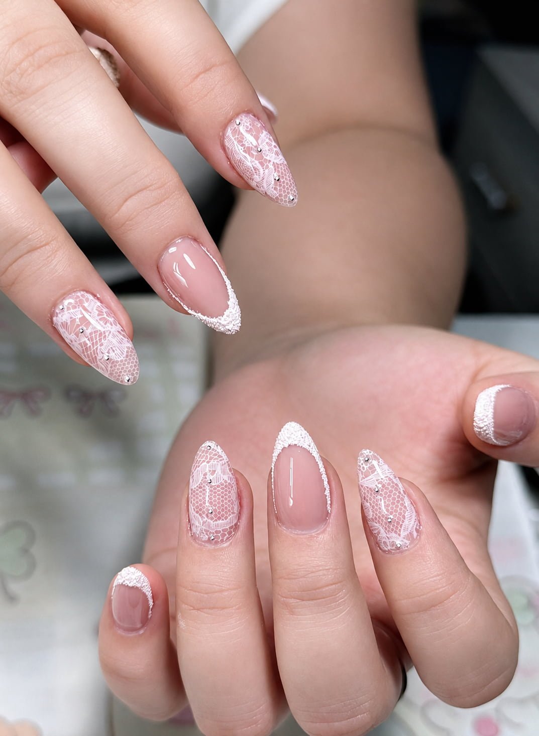White Lace French Nails with Rhinestone Accents