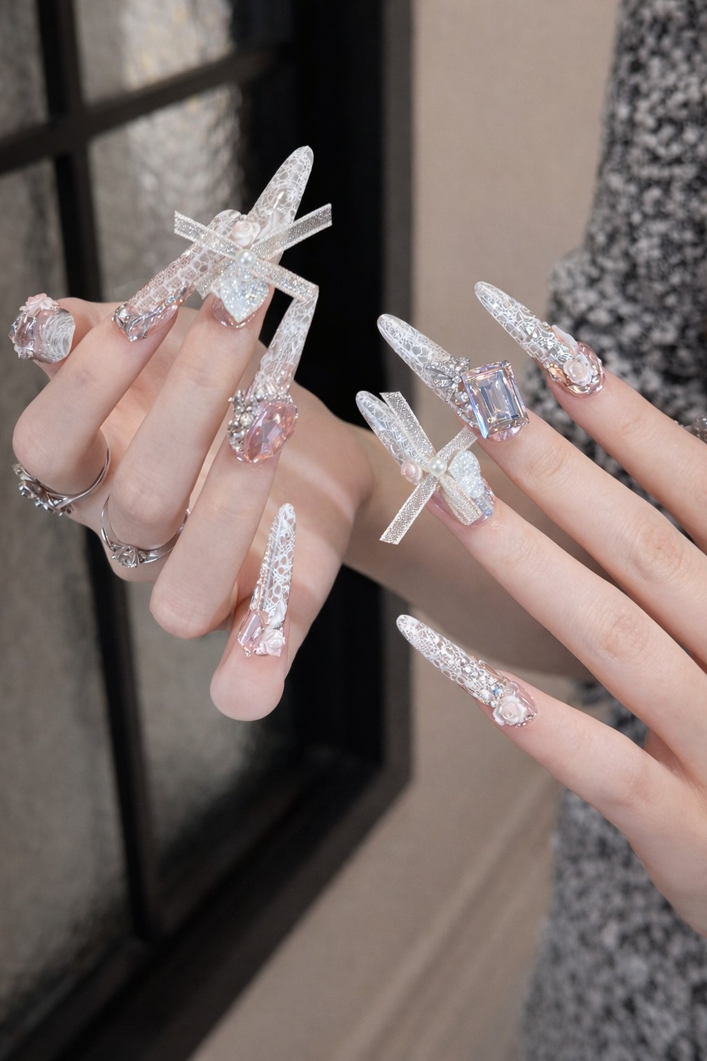 White Lace Stiletto Wedding Nails with Bows and Crystals