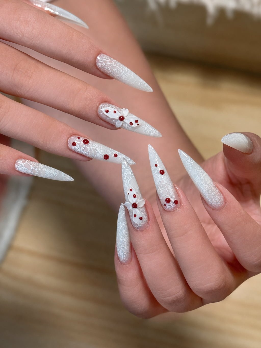White Lace Summer Nail Design with Red Cherry Details