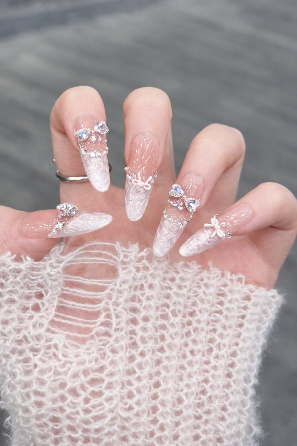 White Lace Wedding Nails with Crystal Bows and Pearls