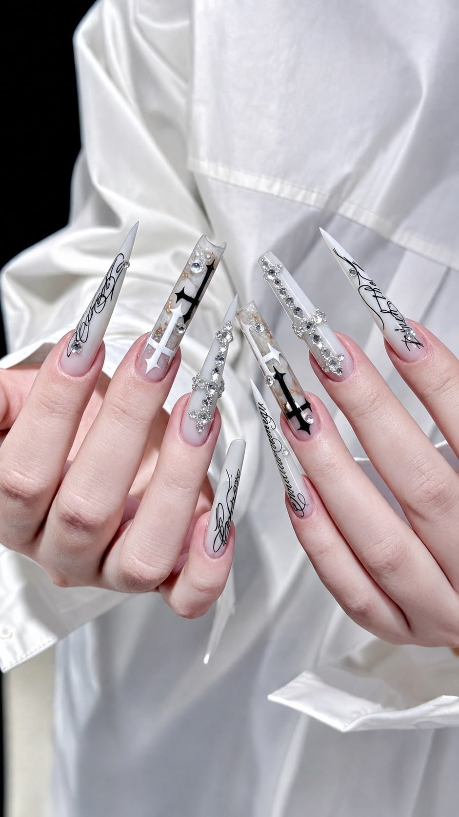White Stiletto Y2K Nails with Crystal Crosses
