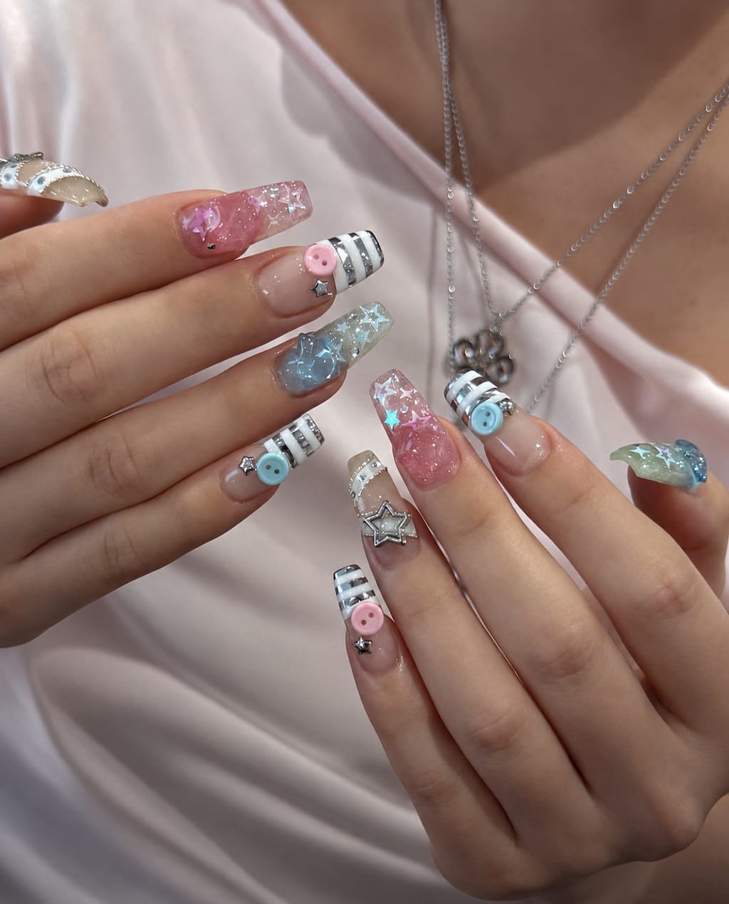 Y2K Preppy Nails with Stripes, Buttons, and Star Charms