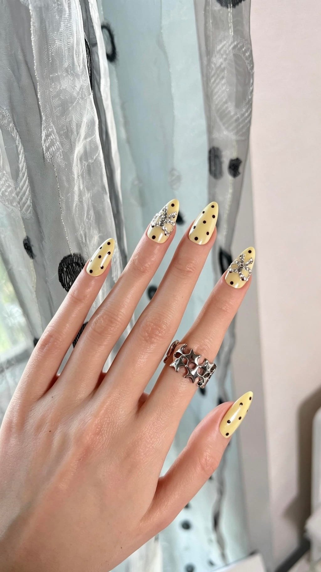 Yellow Polka Dot Summer Nail Art with Rhinestone Bows